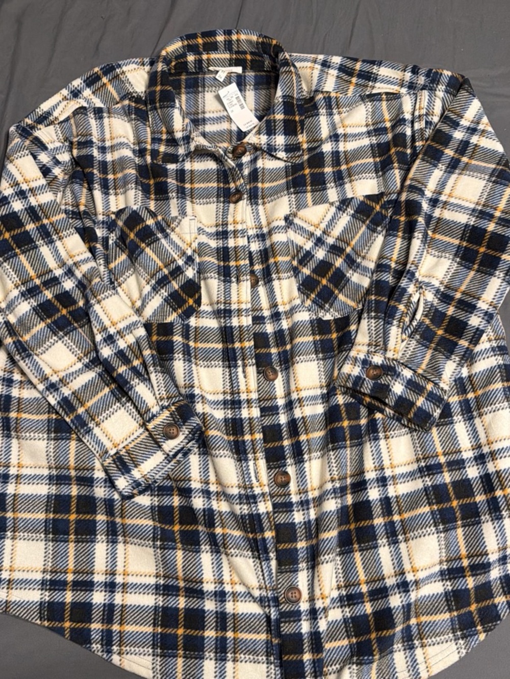Maurices Navy, Cream & Tan Plaid Button-Down Fleece Shacket